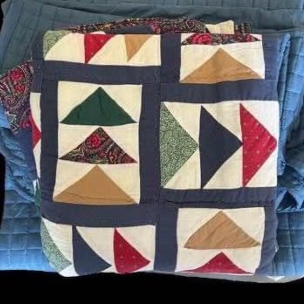 Handmade Patchwork Quilt Throw in Navy, Red, Green & Tan